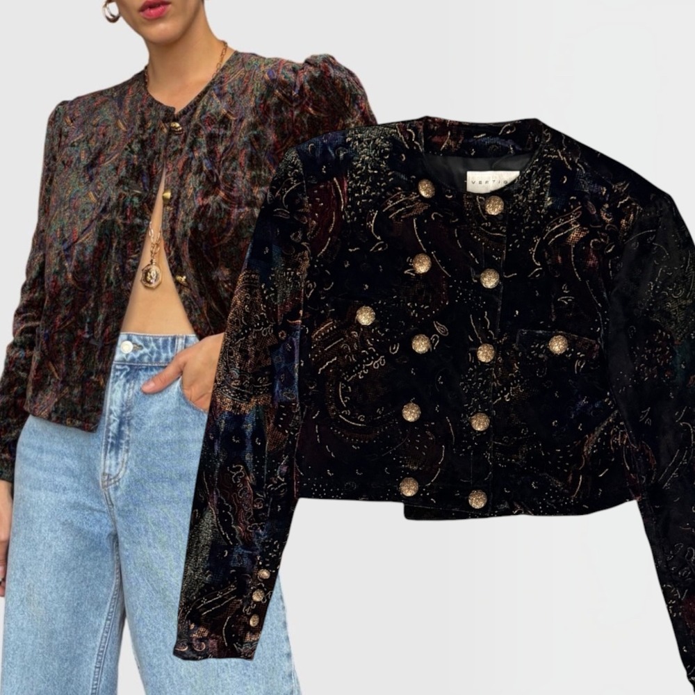 Vertigo Paris Cropped Jacket Velvet Tapestry Double Breasted Multicolor M